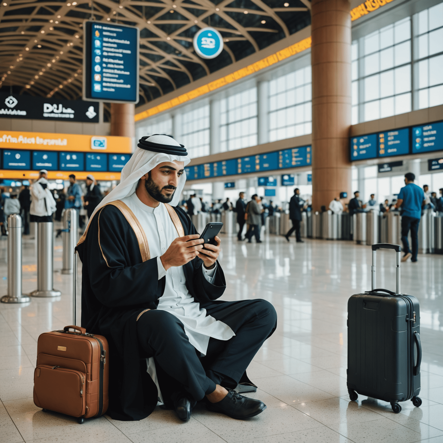 صورة لمسافر عربي يستخدم هاتفه المحمول في مطار دبي الدولي، محاط بإشارات 5G