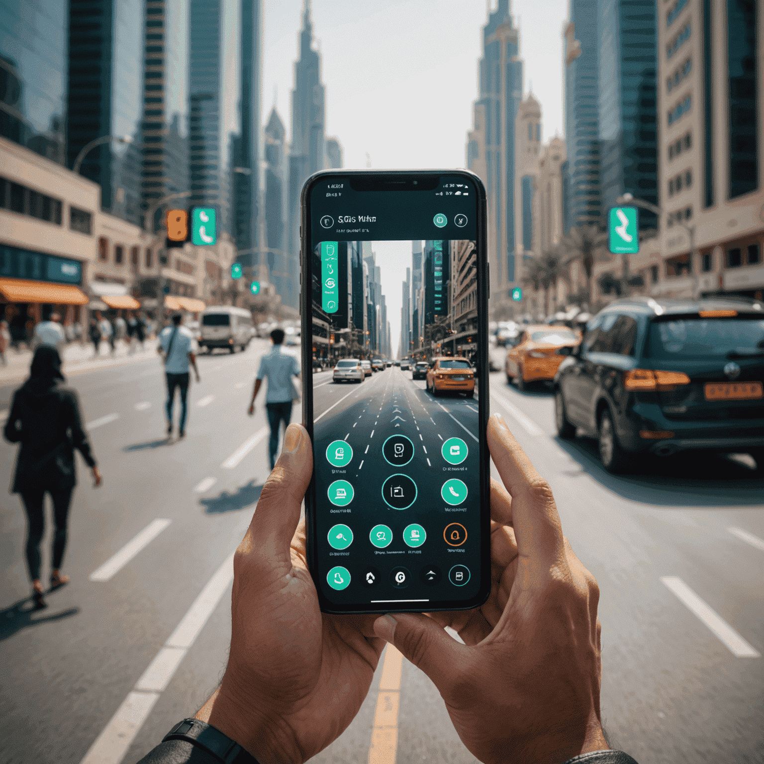 صورة لشخص يستخدم هاتفًا ذكيًا في شارع مزدحم في دبي، مع إشارات 5G تظهر على الشاشة