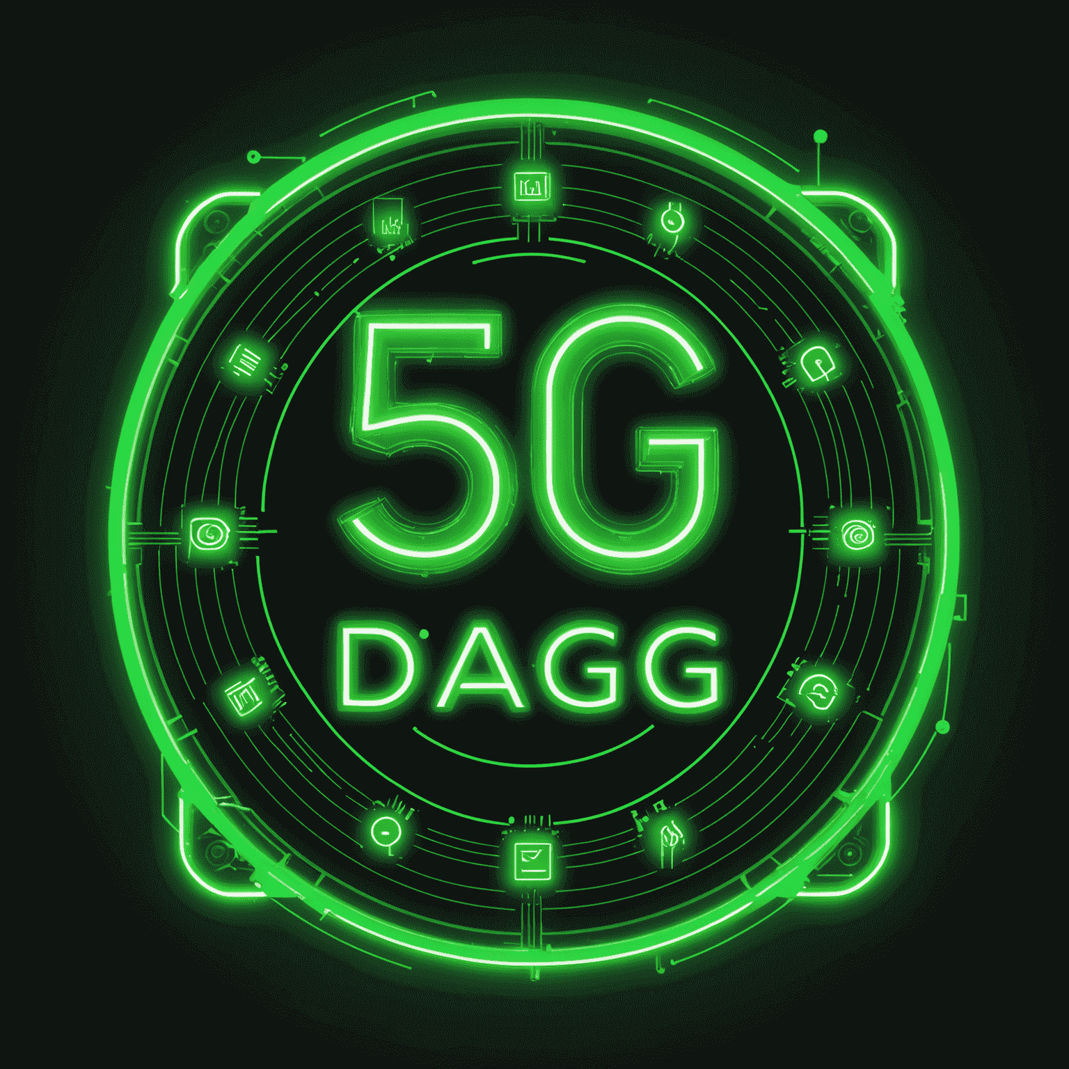 صورة توضيحية لباقات البيانات عالية السرعة مع رموز 5G وأيقونات الإنترنت باللون الأخضر النيون