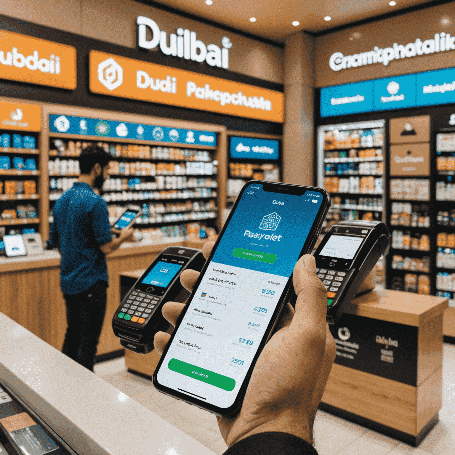 شخص يستخدم تطبيق دفع على هاتف ذكي في متجر بدبي، مع خلفية لشعارات شركات الدفع الإلكتروني الشهيرة في الشرق الأوسط